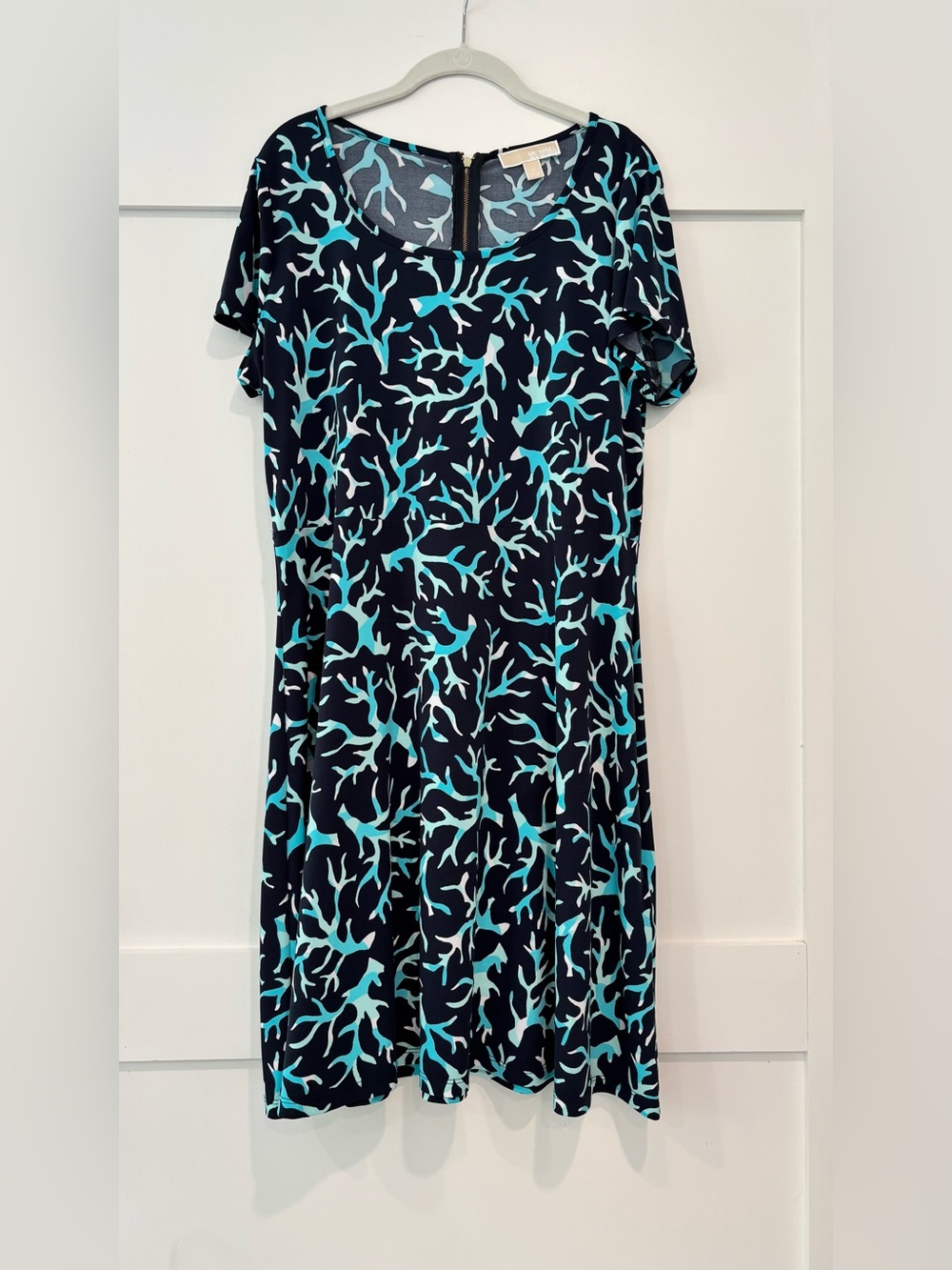 Michael Kors Navy and Turquoise Coral Print Short Sleeve Dress 1X